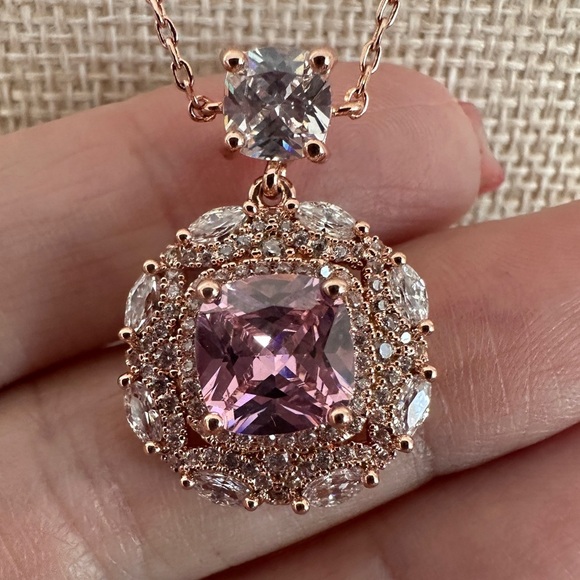 Rose gold, created pink sapphire with CZ accents fashion necklace 17” - Picture 4 of 11